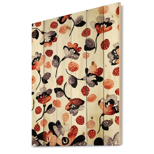 Designart - Modern Flower In Blue Red and Orange - Bohemian & Eclectic Print on Natural Pine Wood